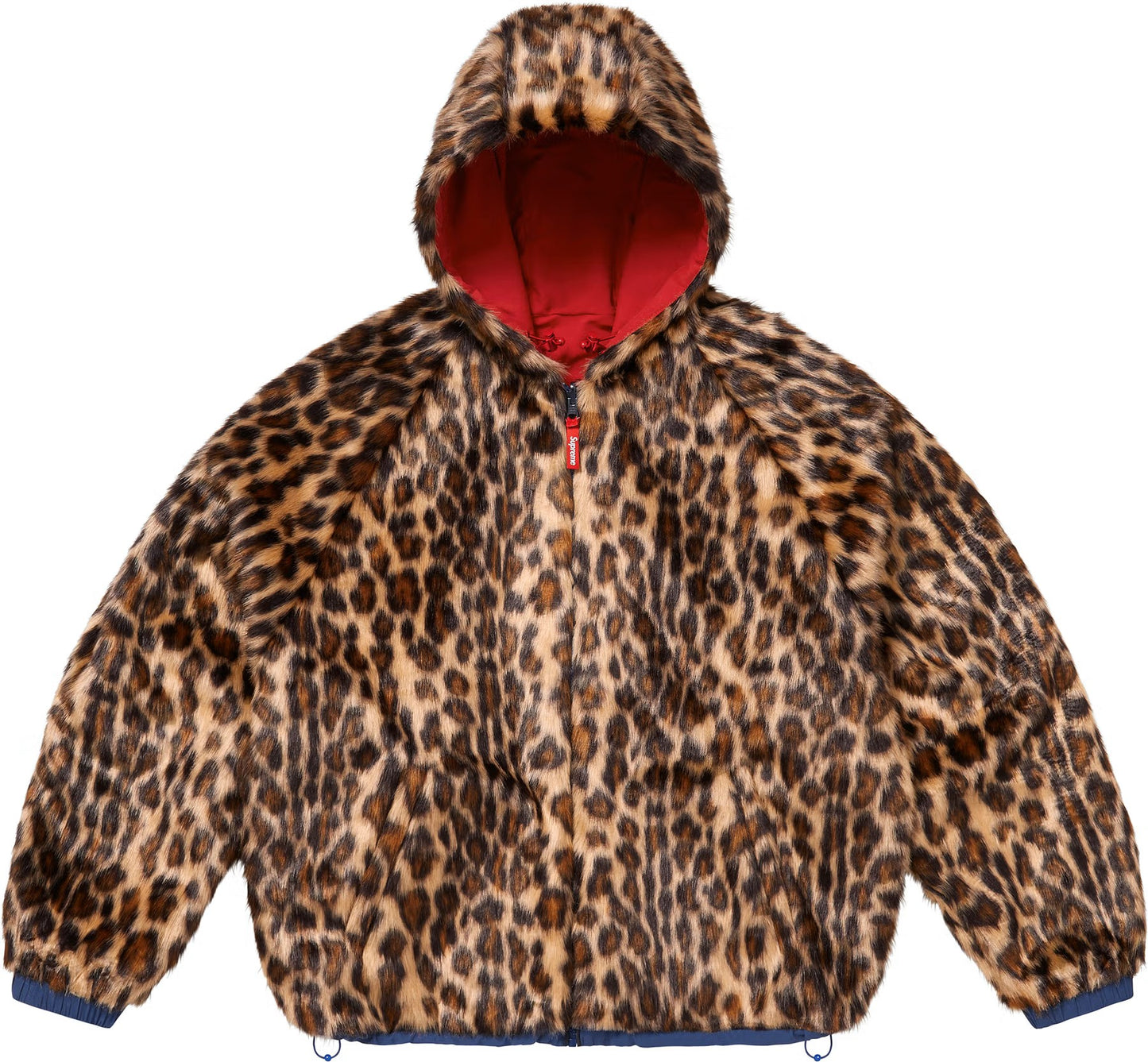 Supreme | Faux Fur Reversible Hooded Track Jacket Red Navy Leopard