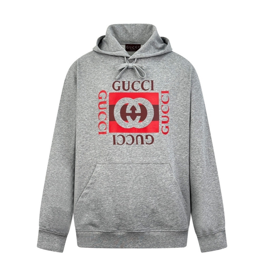 Gray Gucci hoodie with red and white logo on a white background