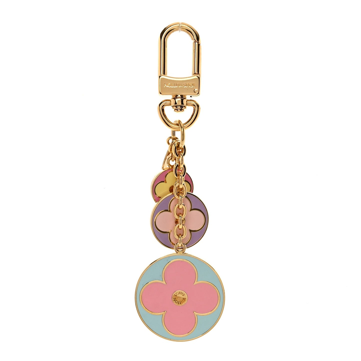 Colorful floral keychain with gold clasp on a white background