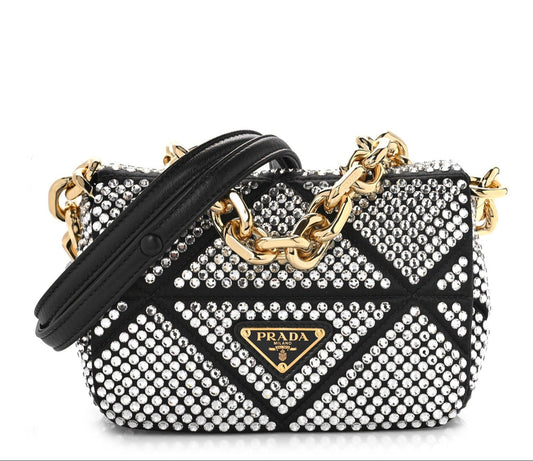 Black handbag with gold chain and Prada logo on a white background
