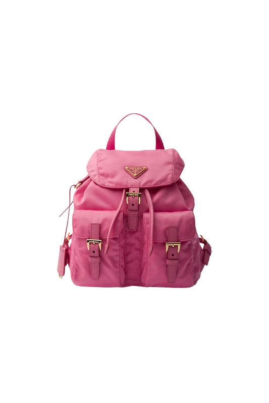 Pink backpack with a brand logo on a white background