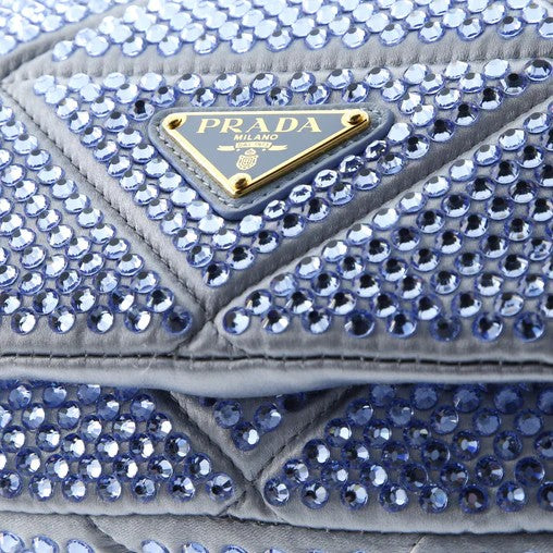 Prada | Triangle Chain Flap Bag Crystal Embellished Satin in Light Blue