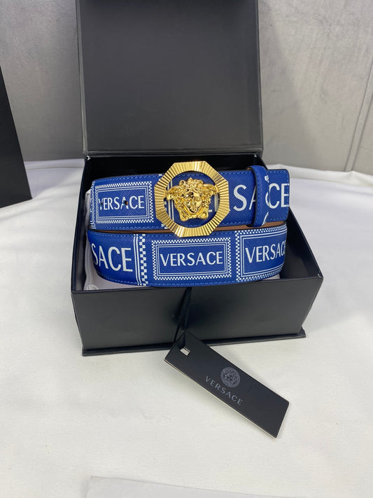 Versace | Letter Logo Leather Belt | Medusa Buckle in Black, Blue, or Red