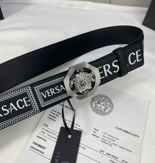 Versace | Letter Logo Leather Belt | Medusa Buckle in Black, Blue, or Red