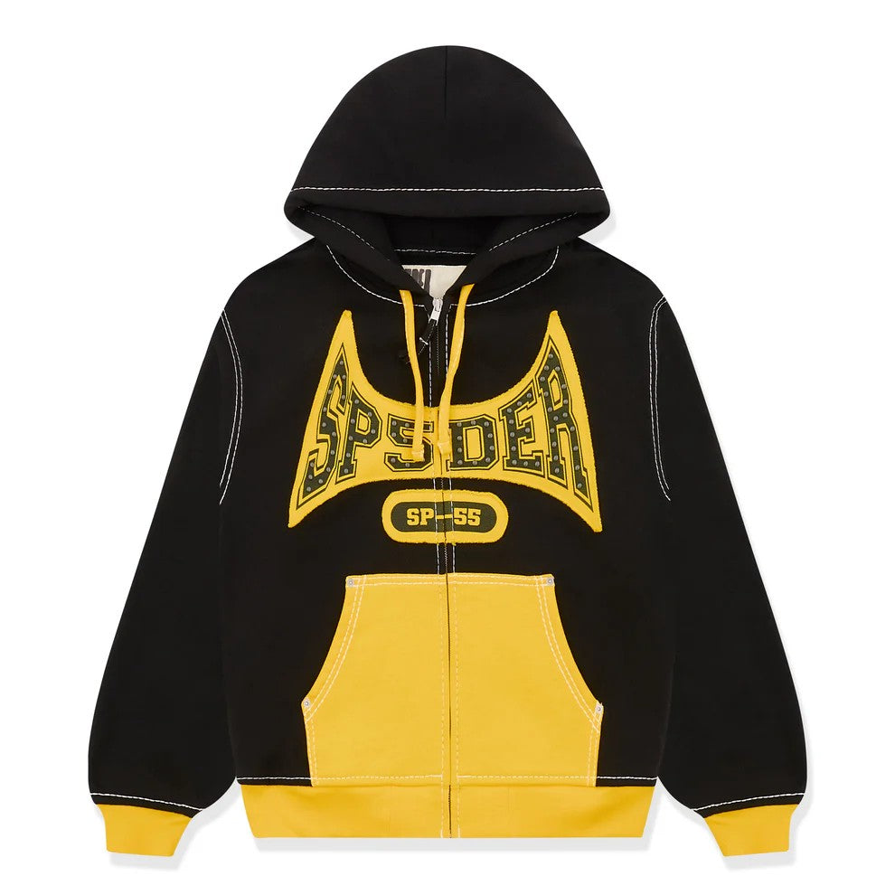 Black and yellow hoodie with a prominent logo on a white background
