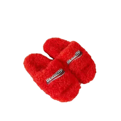 Balenciaga | Slide Sandal | Furry Synthetic fur, white and red political campaign artwork embroideries | Multi Color Choices