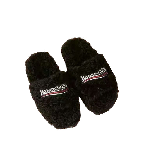 Balenciaga | Slide Sandal | Furry Synthetic fur, white and red political campaign artwork embroideries | Multi Color Choices