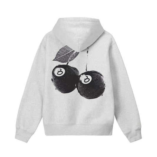 Gray hoodie with black cherry design on the back on a white background