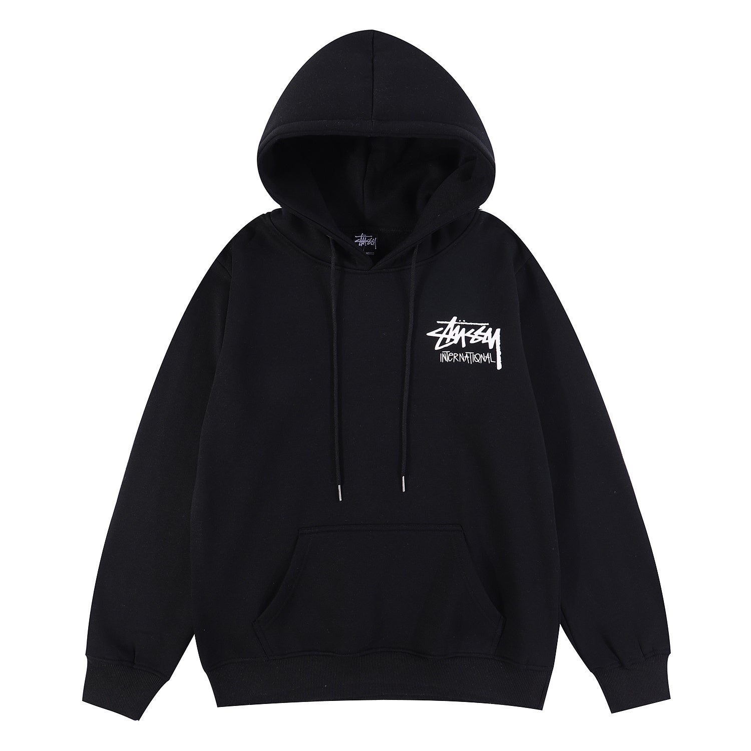 Black hoodie with a white logo on a white background