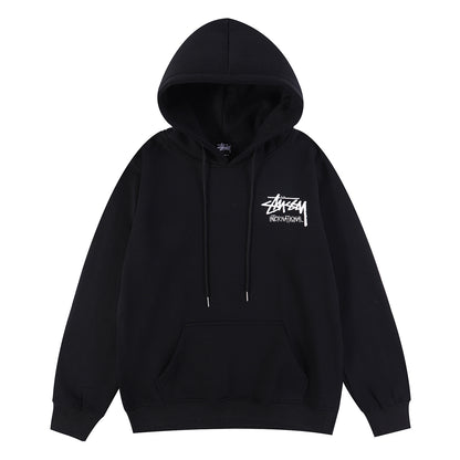 Black hoodie with a white logo on a white background