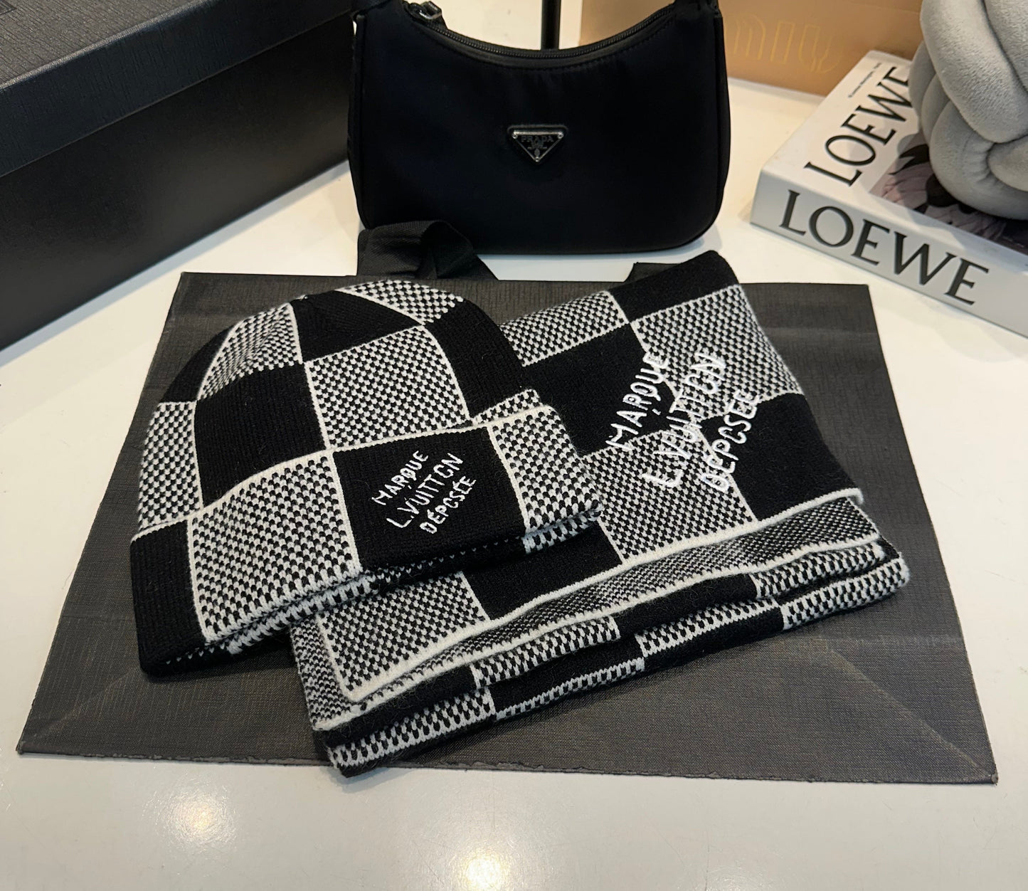 Louis Vuitton | Damier Knit Beanie & Scarf Set | Black & Grey