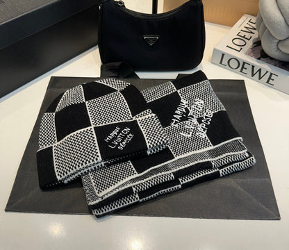 Louis Vuitton | Damier Knit Beanie & Scarf Set | Black & Grey