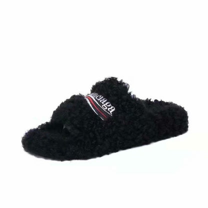 Balenciaga | Slide Sandal | Furry Synthetic fur, white and red political campaign artwork embroideries | Multi Color Choices