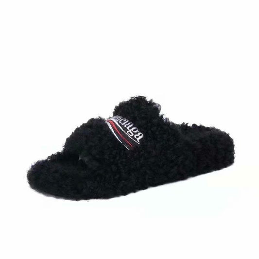 Balenciaga | Slide Sandal | Furry Synthetic fur, white and red political campaign artwork embroideries | Multi Color Choices