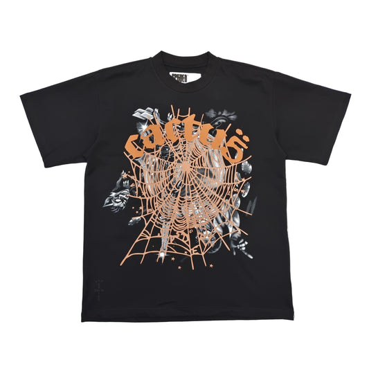 Black t-shirt with a spider web and text design on a white background