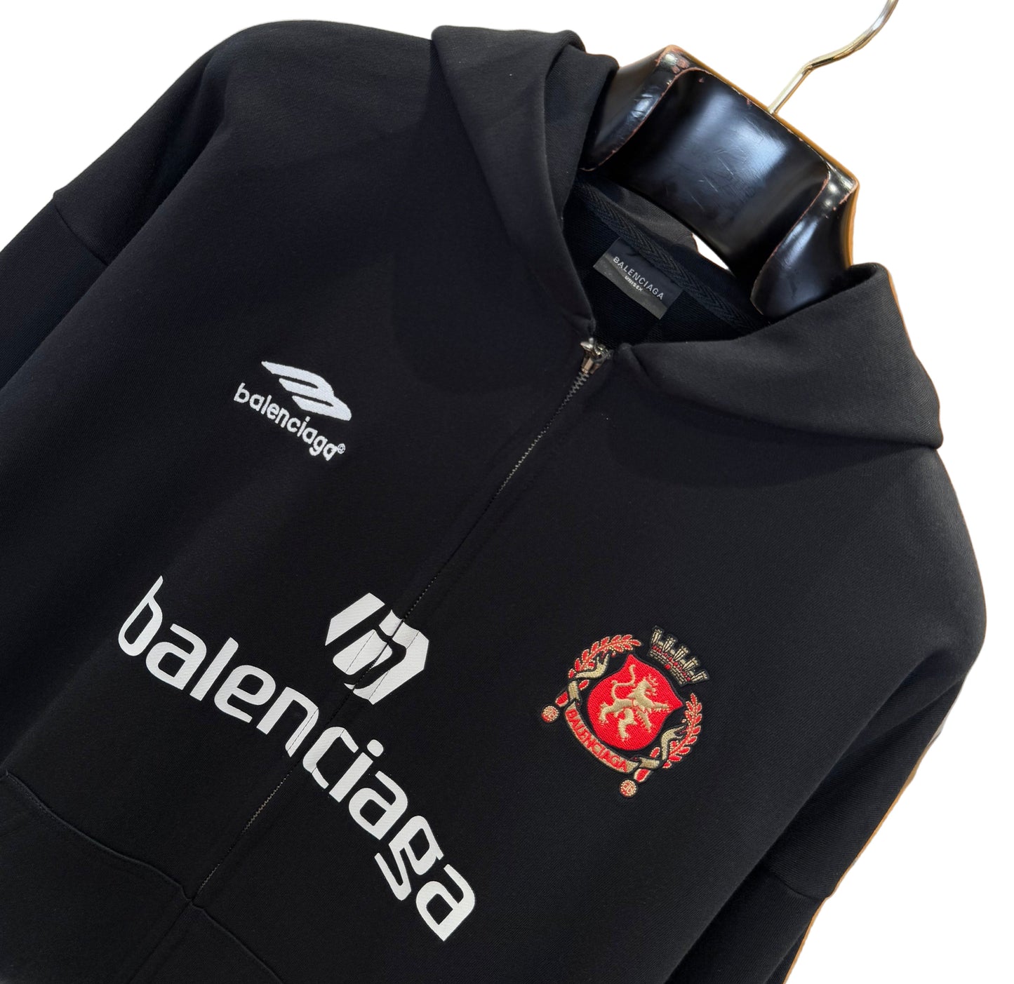 Balenciaga | Black Zip Hoodie | Crest & Logo Graphic