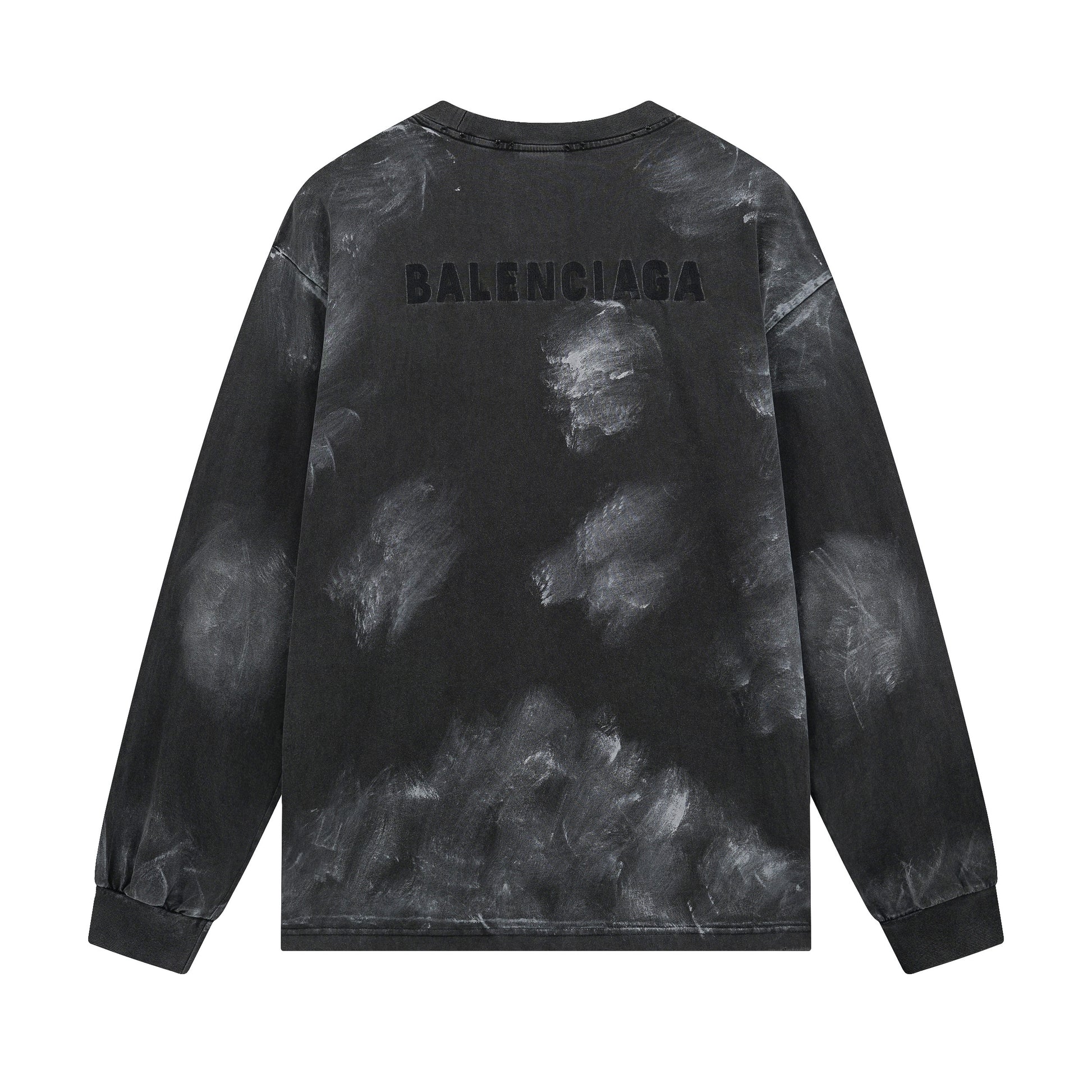 Black tie-dye long-sleeve shirt with 'Balenciaga' branding on a white background