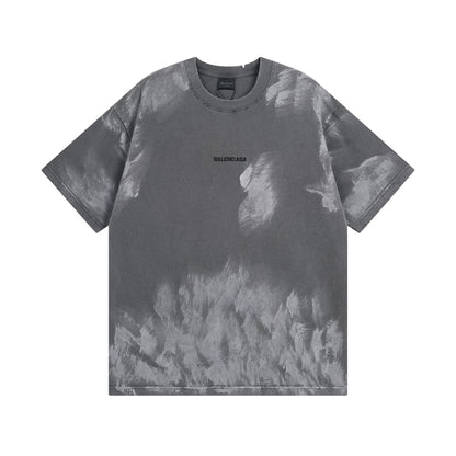 Gray tie-dye t-shirt with Balenciaga logo on a white background