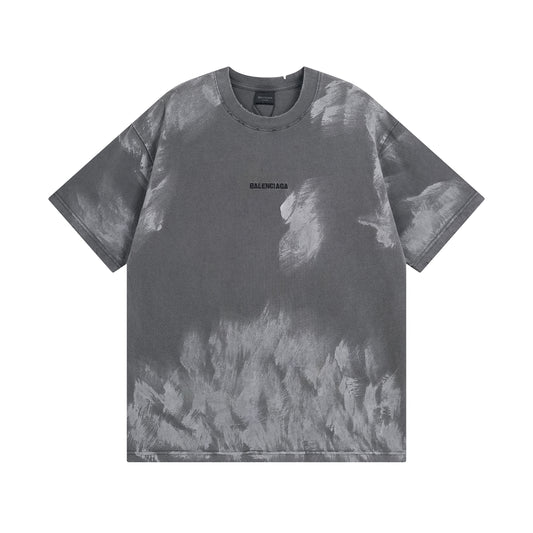 Gray tie-dye t-shirt with Balenciaga logo on a white background