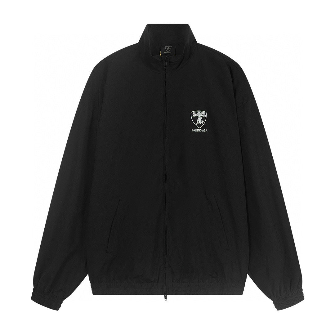 Black jacket with a logo on the chest against a white background