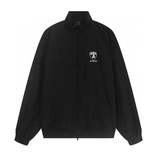 Black jacket with a logo on the chest against a white background