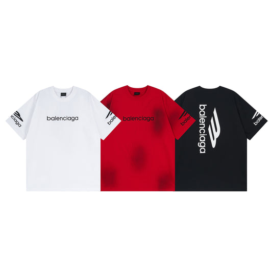 Three Balenciaga t-shirts in white, red with black splatter, and black with brand logo on a white background.