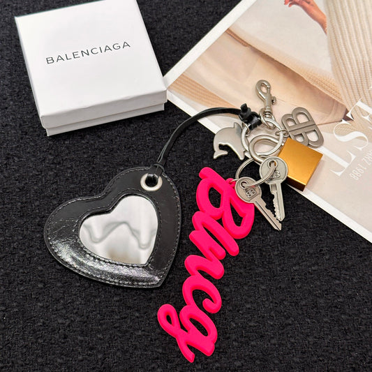 Balenciaga | Mirror Heart Charm with Logo Keychain | Black & Pink