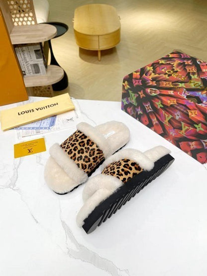 LV | Custom Leopard Fur Slides | Beige & Brown