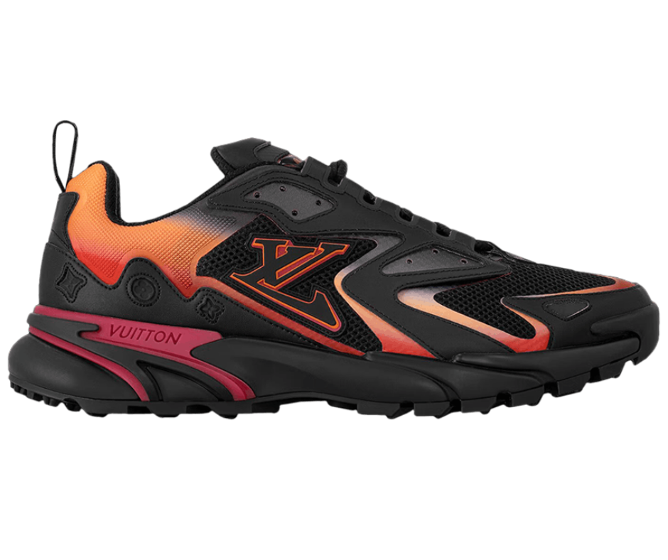 Louis Vuitton Runner Tatic Black Multi-Color sneakers with gradient orange-red fade and magenta midsole, 2023 release.