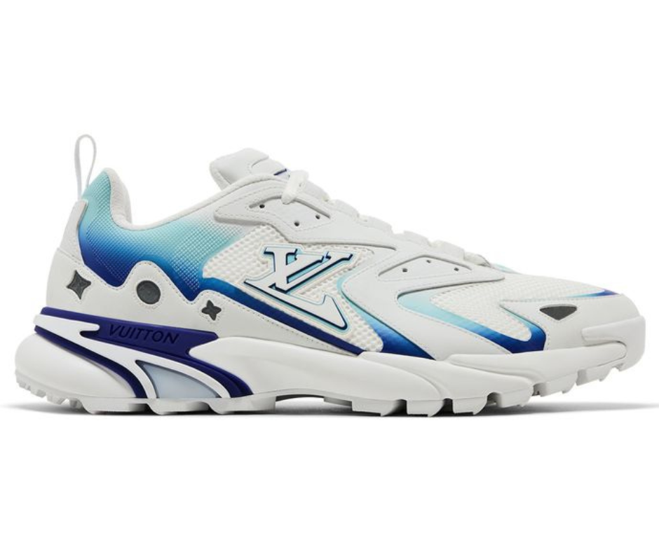 Louis Vuitton Runner Tatic White Blue luxury sneakers with gradient blue accents, 2023 release.