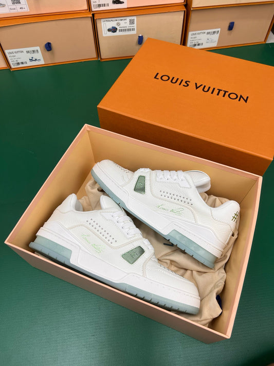 Louis Vuitton | LV Trainer Sneakers | White with Green & Blue Accents