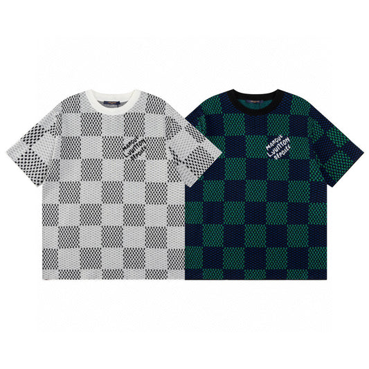 Two checkered shirts, one white and black patterned, the other green and black patterned, on a white background.