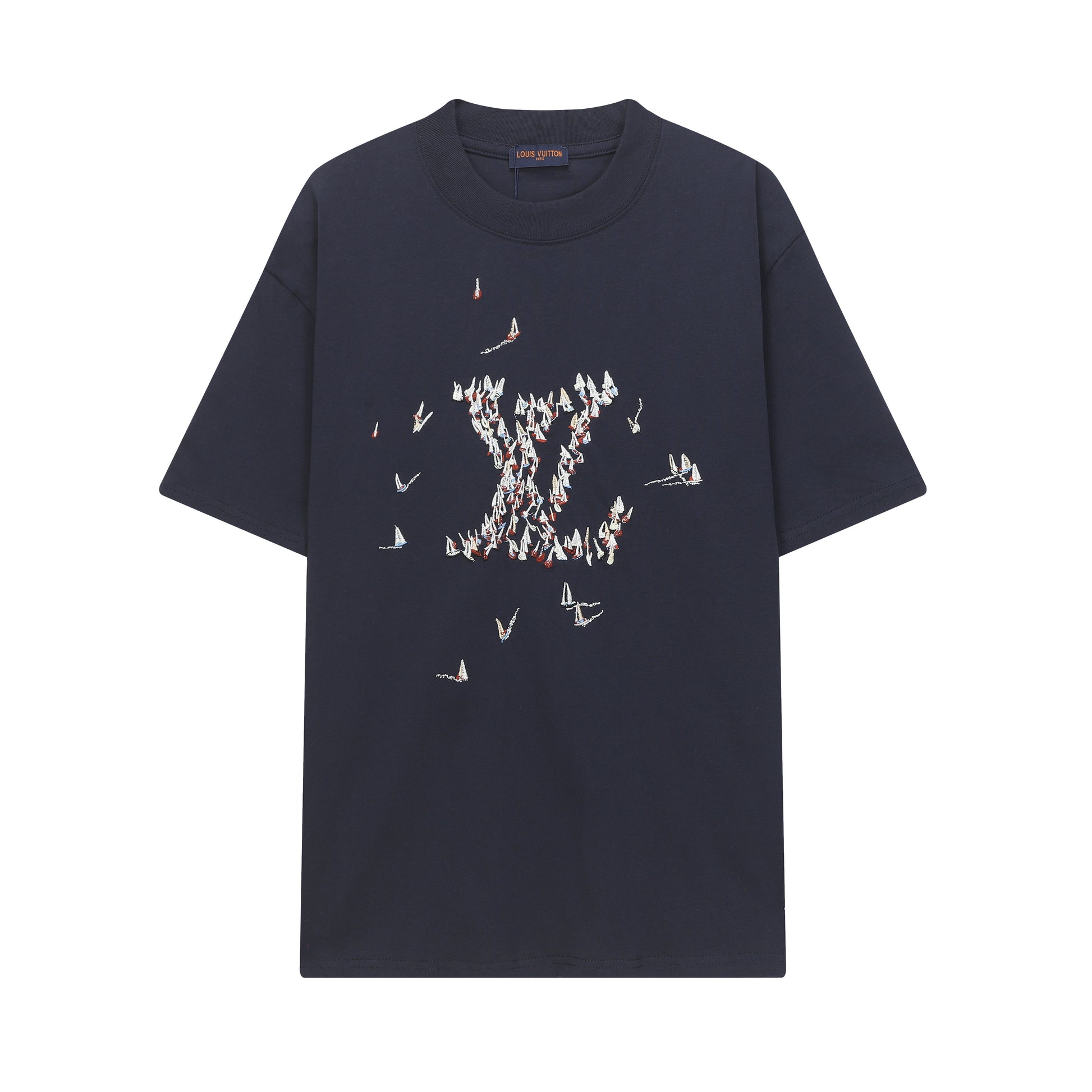 Navy blue t-shirt with a graphic design on a white background