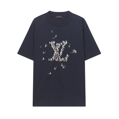 Navy blue t-shirt with a graphic design on a white background