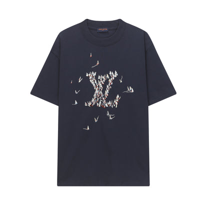 Navy blue t-shirt with a graphic design on a white background
