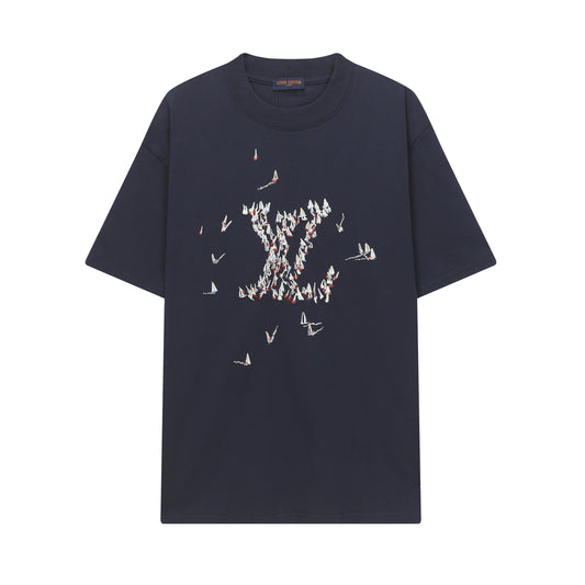 Navy blue t-shirt with a graphic design on a white background