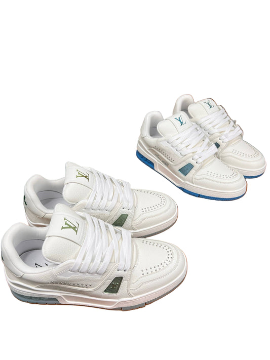 White sneakers with brand logos on a white background