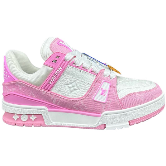 Pink and white sneaker with visible brand logo on a white background