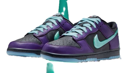 Purple and teal Nike sneakers on a white background