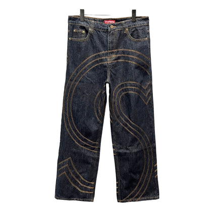 Pair of blue jeans with decorative stitching on a white background