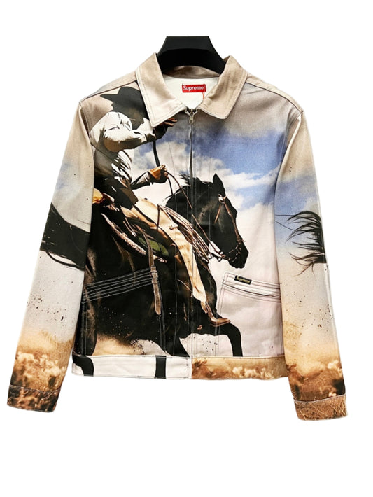supreme Jacket with horse print on a hanger against a white background