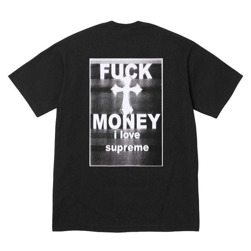 Black t-shirt with graphic design and text on a white background