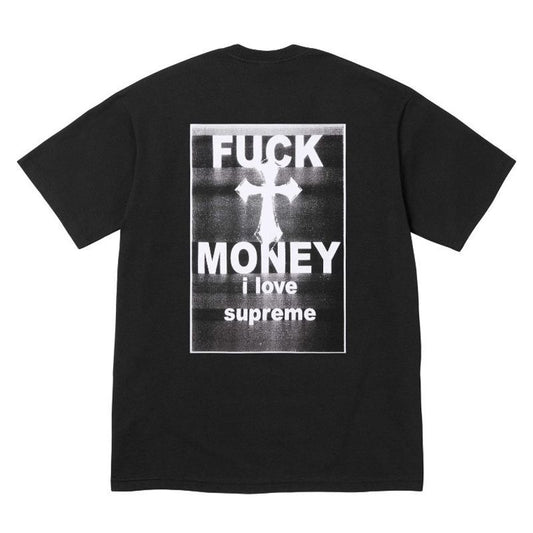 Black t-shirt with graphic design and text on a white background