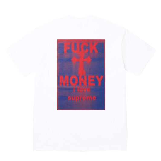 White t-shirt with a graphic design featuring text and a logo on a white background