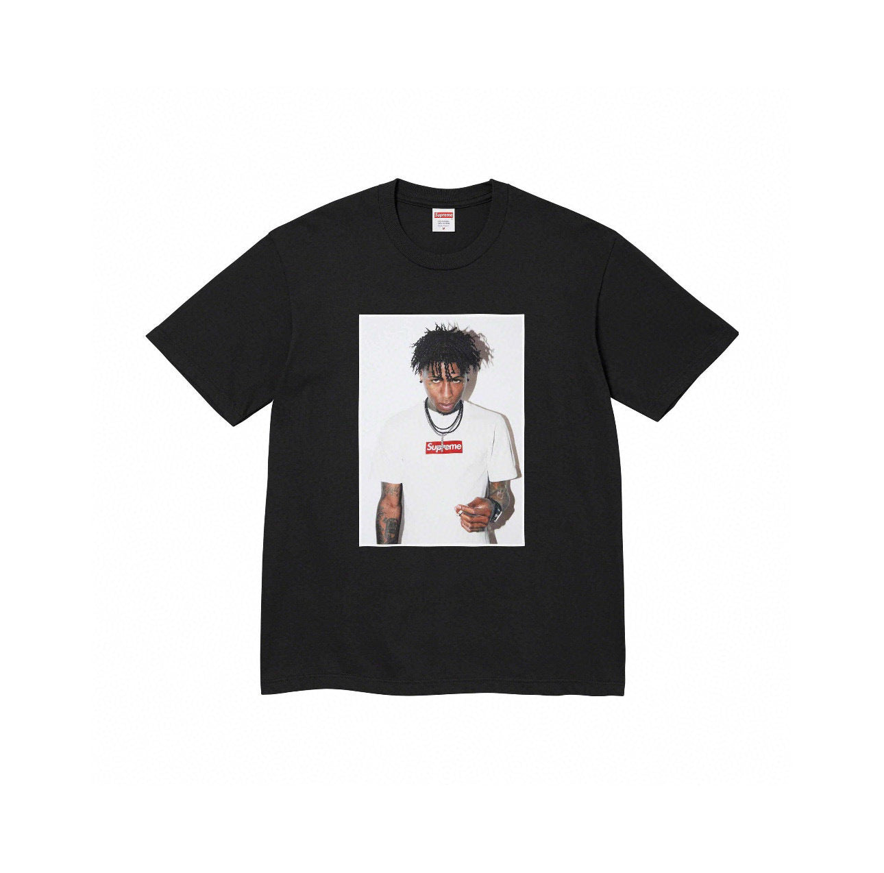 Supreme NBA YoungBoy black photo tee featuring YoungBoy wearing a white Supreme box logo shirt, displayed on flat white background.
