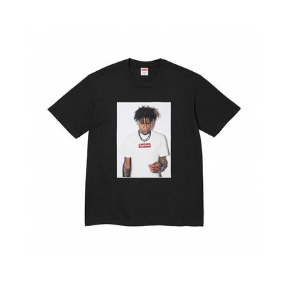 Supreme NBA YoungBoy black photo tee featuring YoungBoy wearing a white Supreme box logo shirt, displayed on flat white background.
