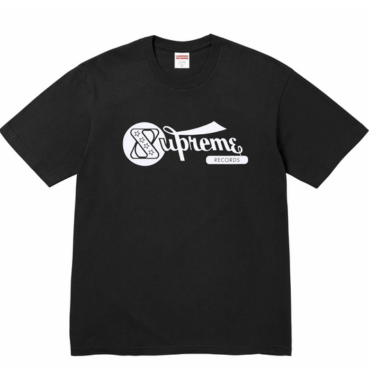 Black t-shirt with white 'Supreme' logo on a white background