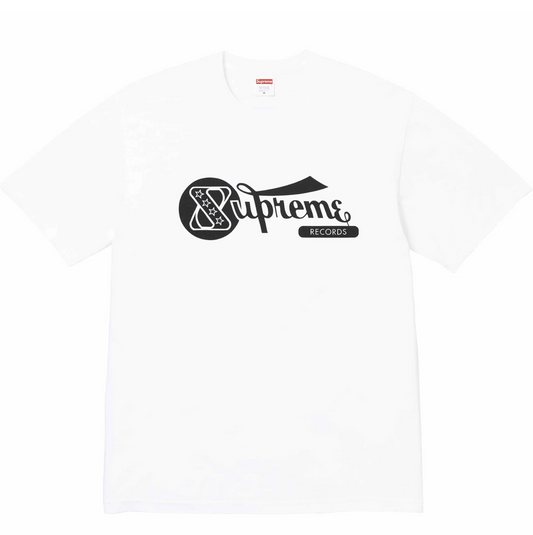 White t-shirt with black 'Supreme' logo on a white background