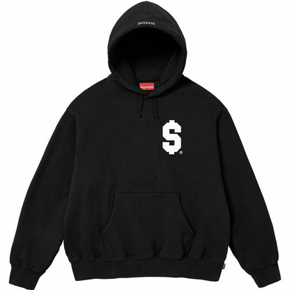 Black hoodie with a white logo on a white background