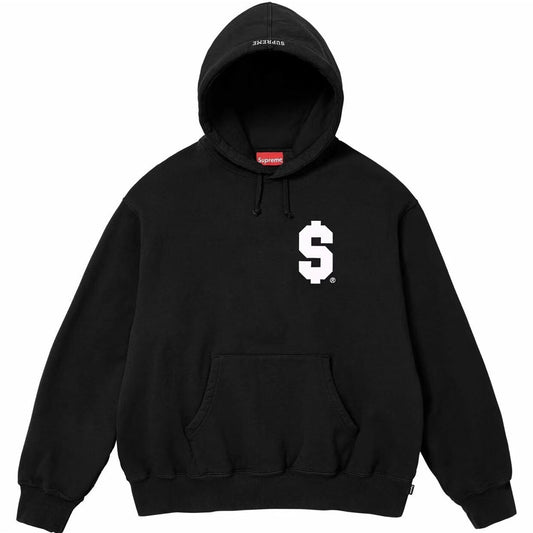 Black hoodie with a white logo on a white background